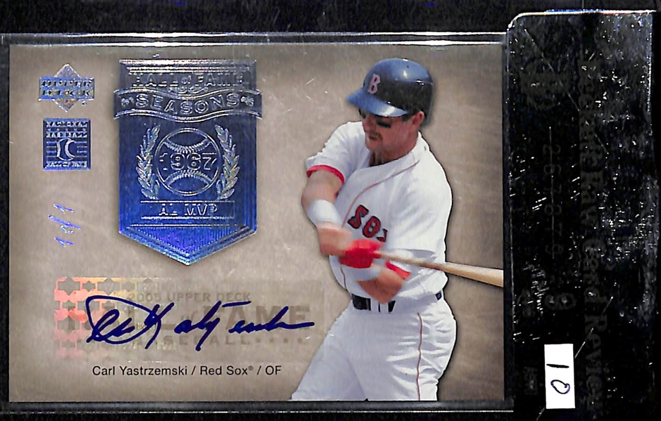 2005 Upper Deck Hall of Fame Baseball Carl Yastrzemski Autograph Card #d 1/1 Beckett Raw Card Review 9 w/ 10 autograph